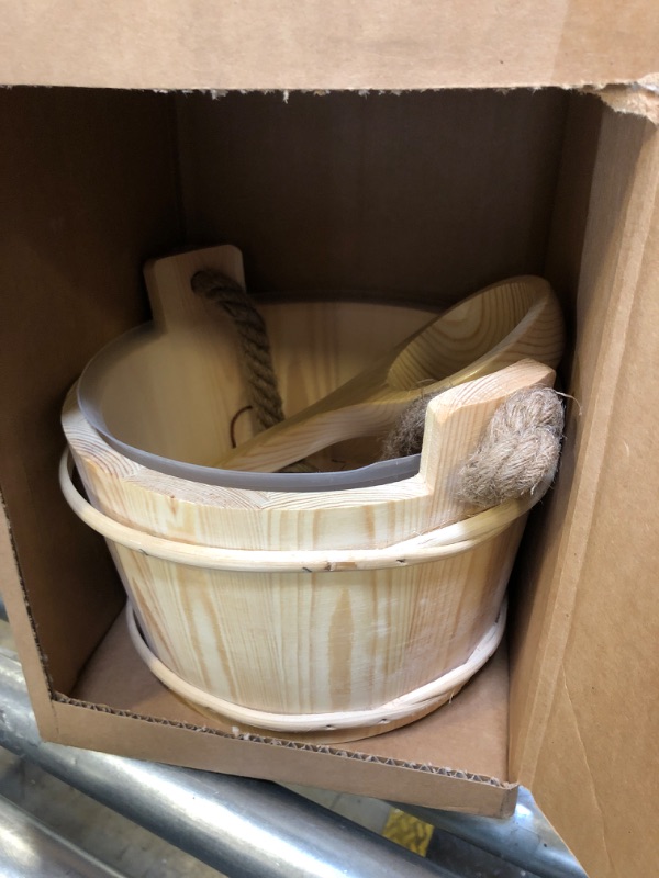 Photo 3 of KAKUNM Sauna Bucket and Ladle 5 Liter (1.3 Gallon), Sauna Bucket, Finnish Pine Wooden Spa Accessories with Handmade Sauna Water Bucket, Plastic Liner and Rope Handle