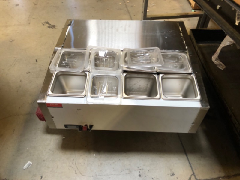 Photo 2 of VEVOR Refrigerated Condiment Prep Station, 140 W Countertop Refrigerated Condiment Station, with 8 1/6 Pans, 304 Stainless Body and PC Lid, Sandwich Prep Table with Stainless Steel Guard, ETL
