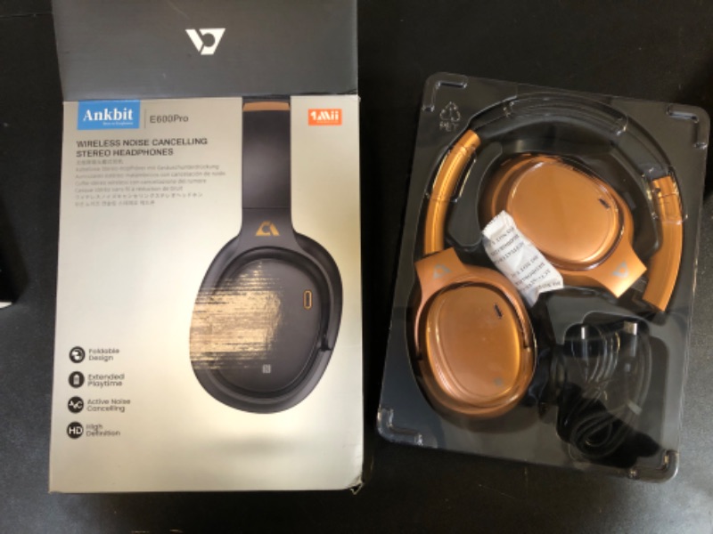 Photo 2 of Ankbit  Active Noise Cancelling Headphones with aptX HD & Low Latency, Over Ear Bluetooth Wireless Build-in Microphone Hi-Res Deep Bass, 80H Playtime (Upgraded) Gold E600Pro