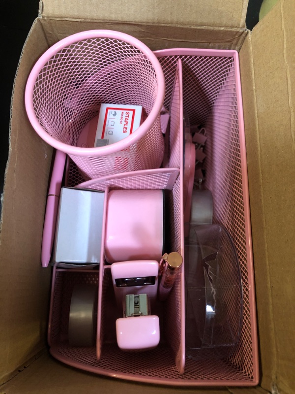 Photo 2 of 11 Pcs Pink Office Supplies Set Mesh Desk Organizer Accessories Kit include Stapler Tape Dispenser Staple Remover Clips Ruler Scissors Sticky Notes for Office School Home Women (Pink)