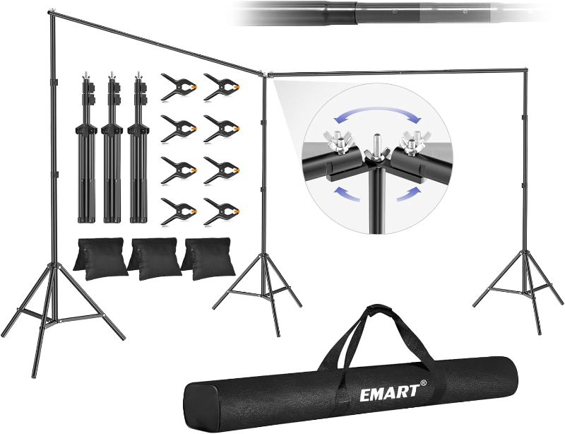 Photo 1 of EMART Backdrop Stand, 20x7ft(WxH) Large Adjustable Backdrop Stand for Paties,Wedding, Photo Studio Background Stand Support Kit with 308° Angle Rotatable Connector, 8 Backdrop Clamps, 3 Sandbags
Visit the EMART Store