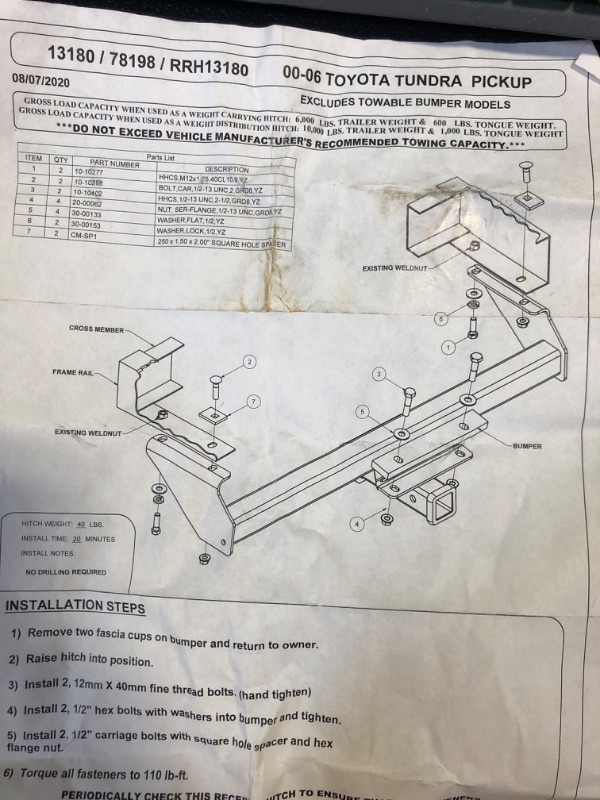 Photo 4 of 03 - 06 Toyota Tundra #13180 will not fit with towable bumper mount Curt 2", Class 3 Trailer Tow Hitch 13180