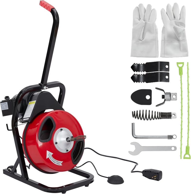 Photo 1 of Garvee Drain Cleaner Machine 50FT x 1/2 Inch Sewer Auger Elctric Drain Auger Sewer Snake with 4 Cutter, Air-Activated Foot Switch, Gloves (K300F)
