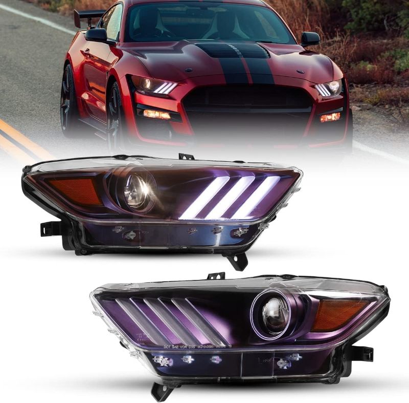 Photo 1 of Winjet LED Headlight Assembly Fit For 2015-2017 Ford Mustang Coupe & Convertible, Colorful Projector Headlamp For 2016-2020 Ford Shelby GT350 / 2020-2021 Ford Shelby GT500 w/LED DRL (Blue-Purple)
