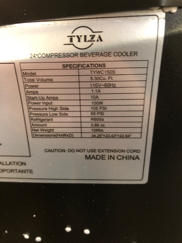 Photo 4 of SOLD FOR PARTS *** Tylza 24 Inch Wine Cooler Refrigerator