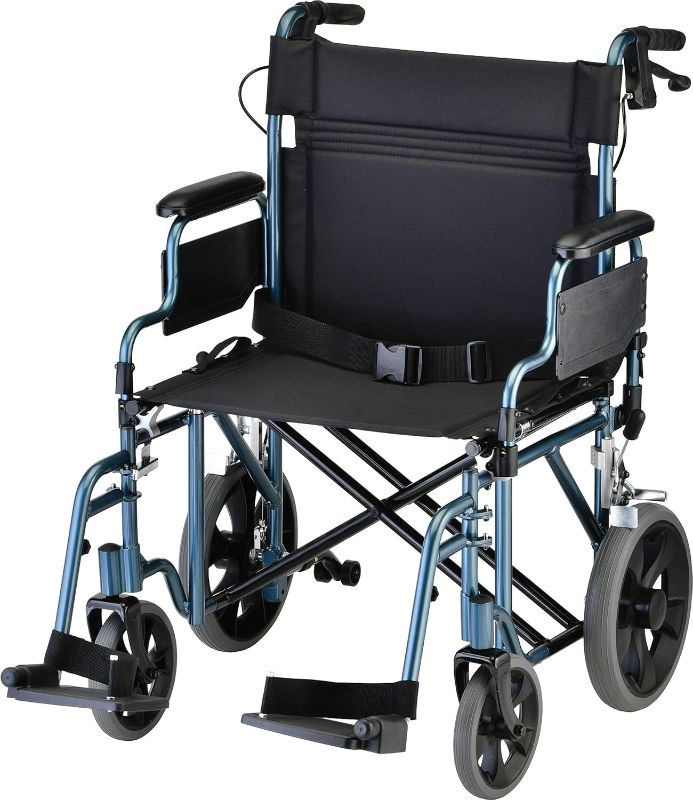 Photo 1 of NOVA Heavy Duty Bariatric Transport Chair with 400 lb. Weight Capacity, 22” Extra-Wide Seat with Locking Hand Brakes, Flip Up Arms (for Easy Transfer), Anti-Tippers, 12” Rear Wheels, Color Blue
