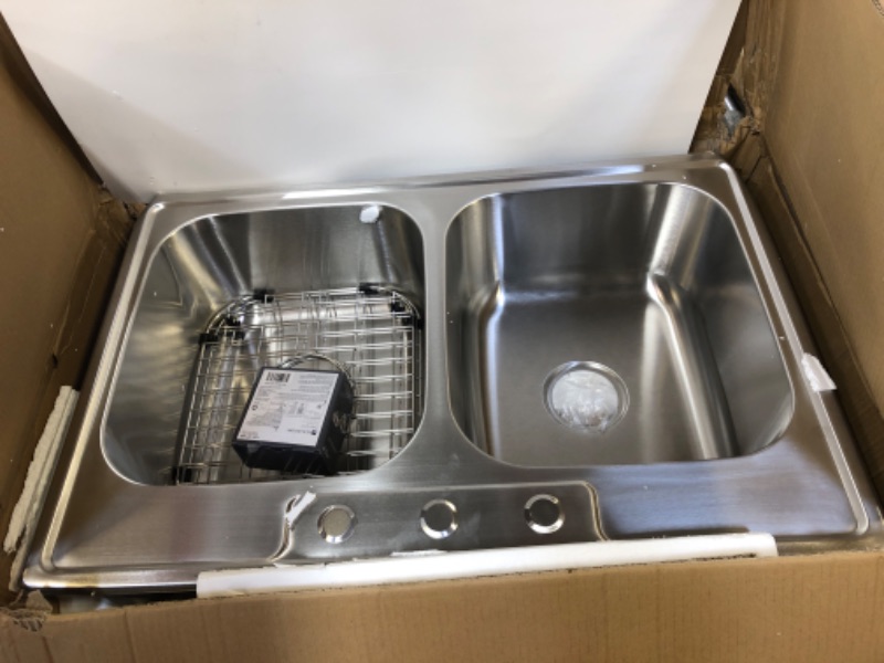 Photo 2 of MILOSEN Double Bowl Kitchen Sink 33 x 22 x 9 Inch, Drop in 304 Stainless Steel Sink, Top Mount 50/50 Double Sink Basin with Bottom Grid and Strainer, Round Corner Deep Kitchen Sink, Brushed Finish