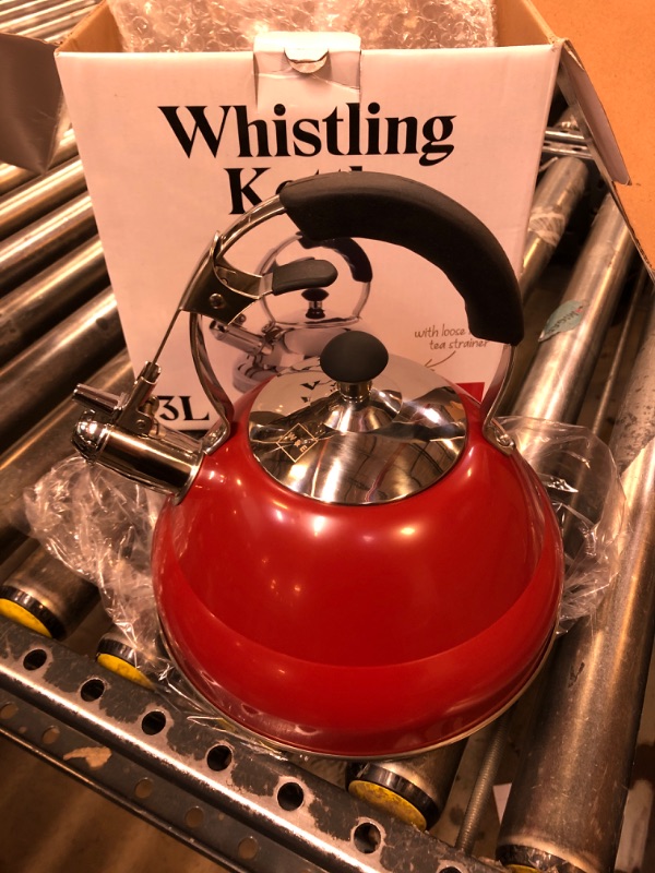 Photo 2 of Willow & Everett Whistling Tea Kettle for Stove Top - 3 Liter Tea Pots for Stove Top w/Stainless Steel, Brushed Finish and Strainer - Tea, Coffee & Hot Water Pot, Red