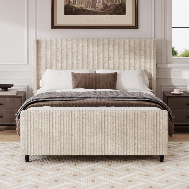 Photo 1 of USE STOCK PHOTO AS REFERENCE *** 50.7'' High Headboard Corduroy Upholstered Bed Frame with Vertical Stripe Wingback and High Footboard No Box Spring Needed, Queen Size, Cream
