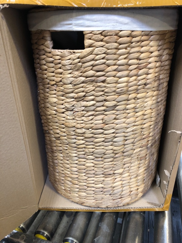 Photo 2 of Round Woven Wicker Laundry Hamper with Lid - Large Water Hyacinth Storage Wicker (Natural Brown, 15"L x 15"L x 20"H)