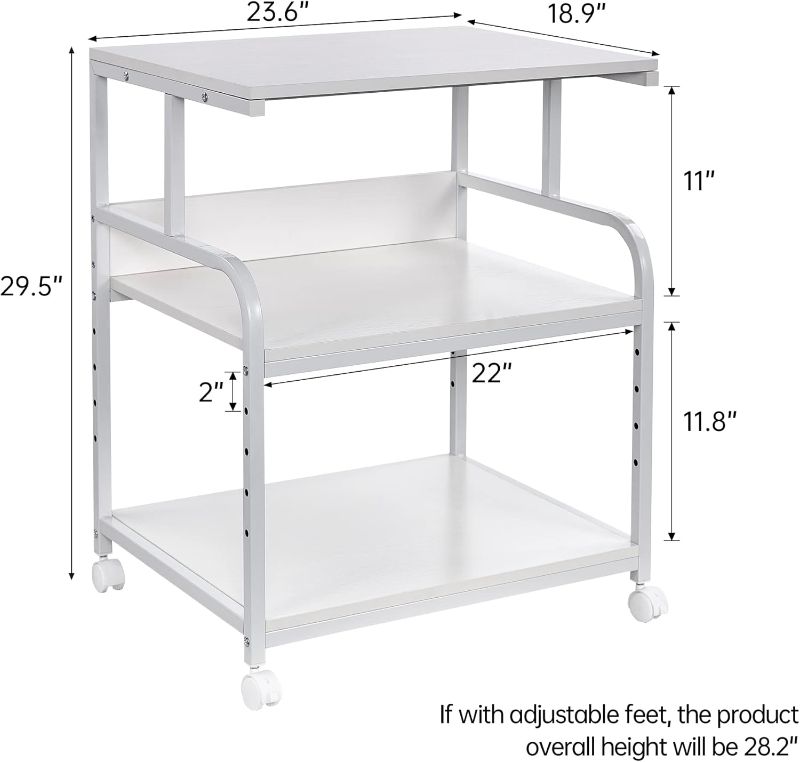 Photo 1 of White Printer Stand, 23.6 x18.9 x 29.5 Inches Big Size Printer Table with Adjustable Shelf, 3 Tier Rolling Printer Cart with Wheels for Home Office Storage and Organization
