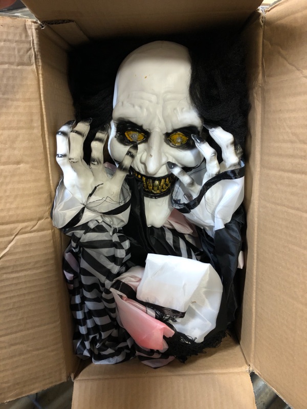 Photo 1 of Haunted Hill Farm Life-Size Animated Scary Talking Clown Prop w/Flashing Red Eyes Indoor/Outdoor Halloween Decoration