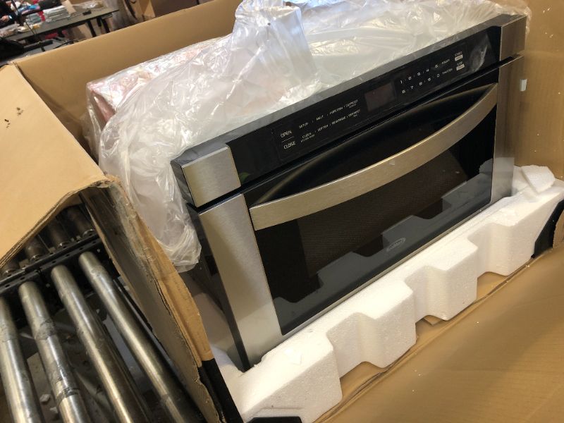 Photo 2 of **SOLD FOR PARTS**
 KM-MD-1SS 24 Inch Stainless-Steel Microwave Drawer Capacity, 1000W Power with 10 Custom Cooking Levels, Memory, and Timer Functions, Wall-Mounted with Flat Bottom, 24 in/1.2 Cu. Ft