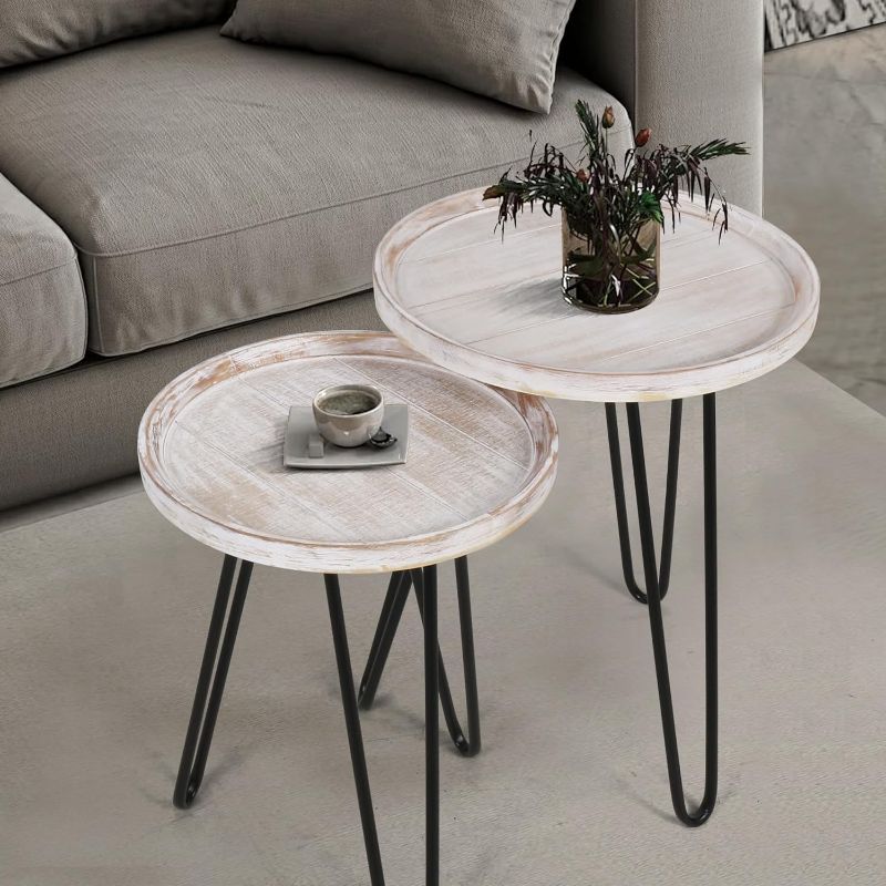 Photo 1 of Oakrain Nesting Tables for Living Room, Round Nesting Coffee Table, Farmhouse End Tables Living Room, Bedroom, Small Coffee Table (Distressed White)
