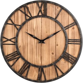 Photo 1 of Oldtown Farmhouse Metal & Solid Wood Noiseless Wall Clock (Wood, 24-inch)
