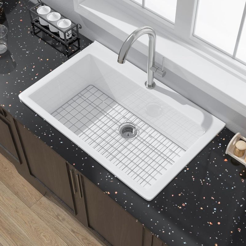 Photo 1 of White Kitchen Sink Drop In 33 Inch 1 Hole - 33x22 Drop In Kitchen Sink, 9" Deep Topmount Kitchen Sink, Large Fireclay Kitchen Sink Single Bowl with 2 Accessories, for Kitchen
