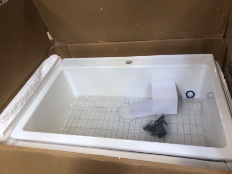 Photo 2 of White Kitchen Sink Drop In 33 Inch 1 Hole - 33x22 Drop In Kitchen Sink, 9" Deep Topmount Kitchen Sink, Large Fireclay Kitchen Sink Single Bowl with 2 Accessories, for Kitchen
