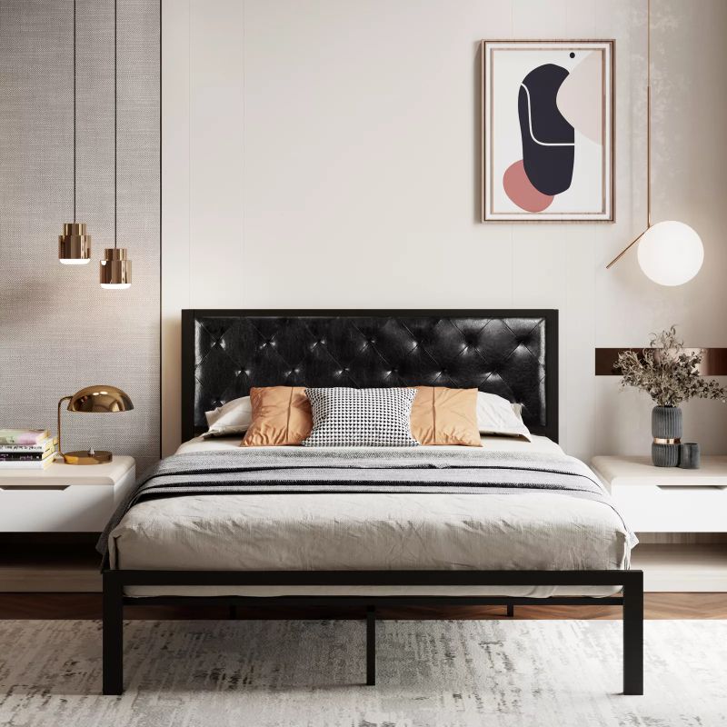 Photo 1 of 12.5” Metal Platform Bed Frame with Faux Leather Upholstered Headboard, Black
