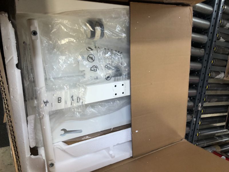 Photo 1 of Sweetcrispy Small Mobile Rolling Standing Desk - Overbed Table, Teacher Podium with Wheels, Adjustable Work Table, Rolling Desk Laptop Computer Cart for Home, Office, Classroom - White