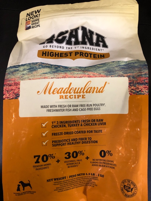 Photo 2 of ACANA Highest Protein Dry Dog Food, Meadowland, Chicken and Turkey Recipe, 4.5lb No Discernible BB Date 