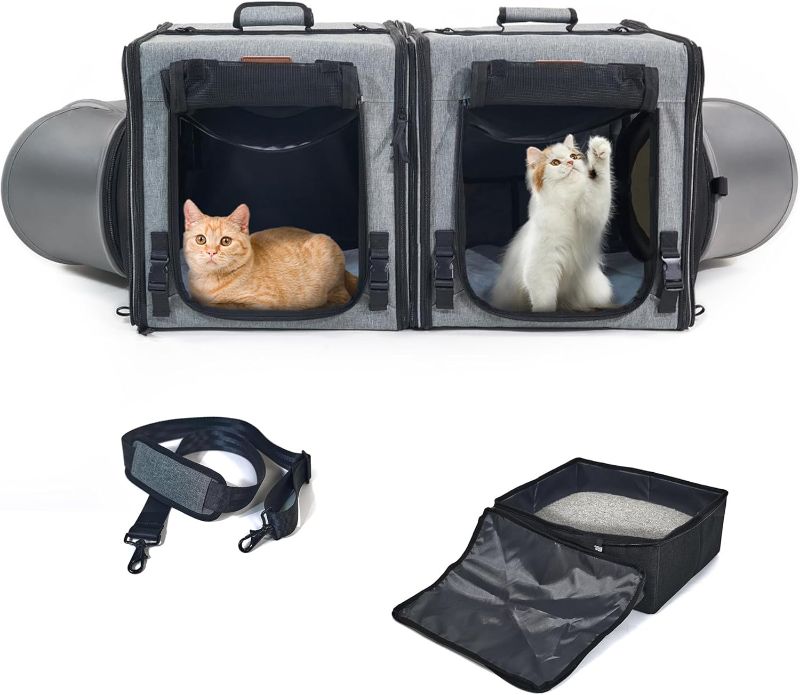 Photo 1 of Cat Travel Carrier with Litter Box 2-in-1 Portable Double Cat Carriers for 2 Cats and Pet Shelter Ideal for Multiple Cats Soft Foldable Design with Shoulder Strap