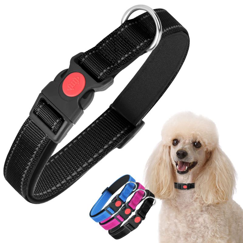 Photo 1 of 2 Pack Nobleza Reflective Dog Collar, Soft Neoprene Padded Puppy Collar with Quick Release Buckle and Safety Lock, Adjustable Durable Nylon Pet Collar for Small, Medium and Large Dogs, Black, 10-16"