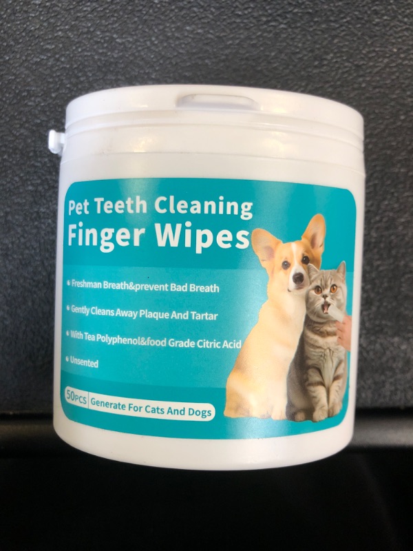 Photo 2 of PITHER Dog Teeth Cleaning Wipes, Pet Dental Finger Wipes for Dogs & Cats Disposable Gentle Dog Teeth Cleaning Pads Tooth Brushing Kit Freshen Bad Breath Remove Plaque & Tartar Buildup 50 Counts EXP 08/04/2026