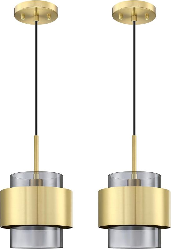 Photo 1 of 2 Pack 1 Light Hanging Indoor Kitchen Island Pendant Light 6" Drum Clear Smokey Glass Shade Pendant Ceiling Light Fixture,Brushed Bronze Finish Modern Farmhouse Dinning Over Sink