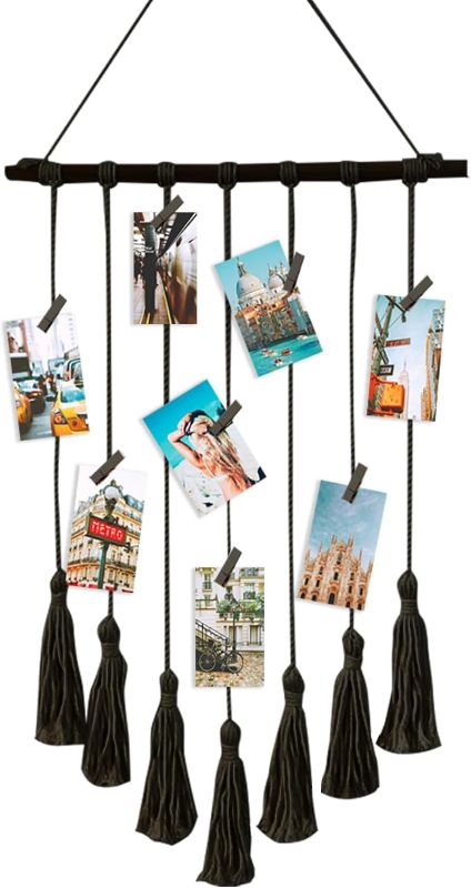 Photo 2 of `Hanging Photo Display 27in L x 17in W Macrame Wall Hanging Clip Photo Holders Boho Room Decor, with 15 Wooden Clips, Gifts for Women Teen Girl Bedroom Decor Apartment Decor, Black