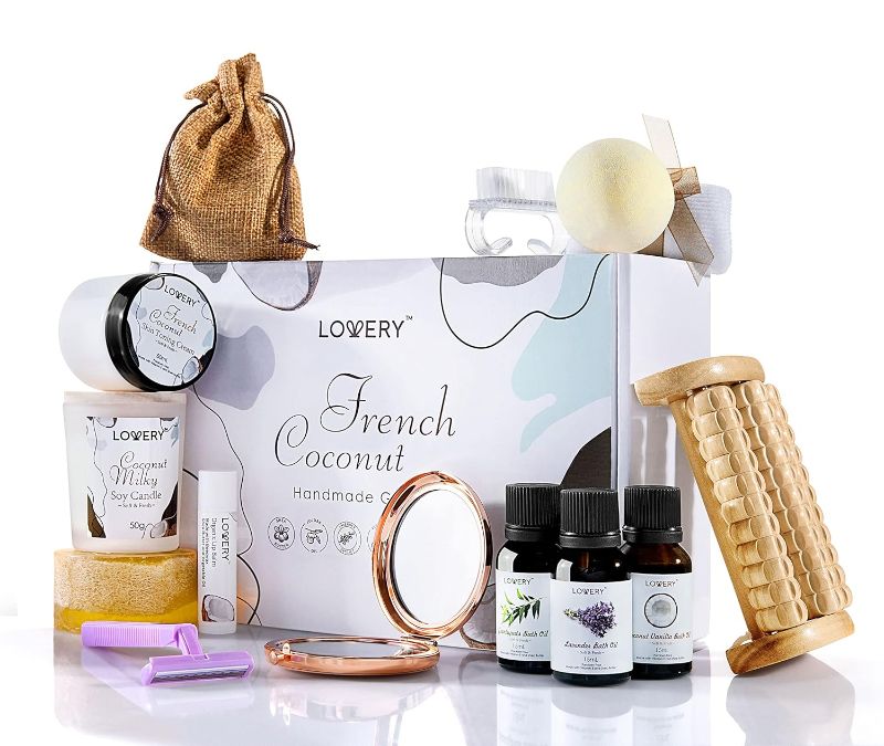 Photo 1 of Christmas Bath Gift Set, 20pc French Coconut Aromatherapy Spa Gift Basket for Women & Men Self Care Package Spa Kit, Handmade Gift Box, Body Oils, Organic Lip Balm, Bath Bomb, Spa Gifts for Birthday Oil got on box