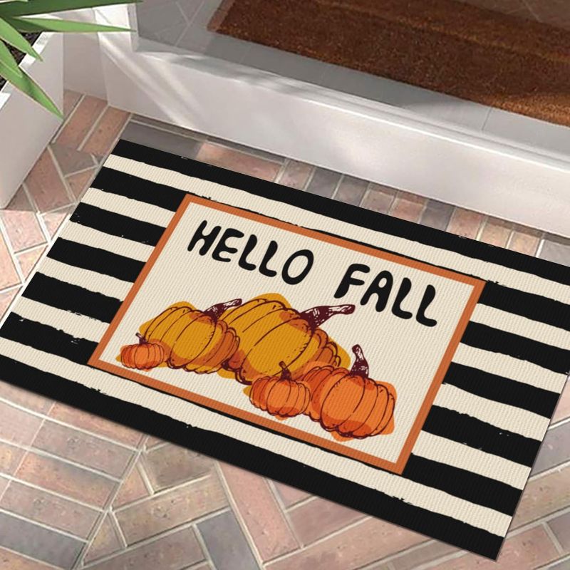 Photo 1 of 2 Hello Fall Door Mat Autumn Pumpkin Welcome Doormat Thanksgiving Day Floor Mat Non Slip Rubber Backing Outdoor Indoor Entryway Floor Mats Home Seasonal Decor 17x29 Inch