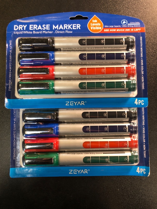 Photo 2 of 2 of ZEYAR Dry Erase Marker Low-Odor Bullet Tip, Ultra-Large Capacity, Advanced Direct Flow Structure, Whiteboard Marker for School, Office, Home, 4 Count (Black,Blue,Red,Green)