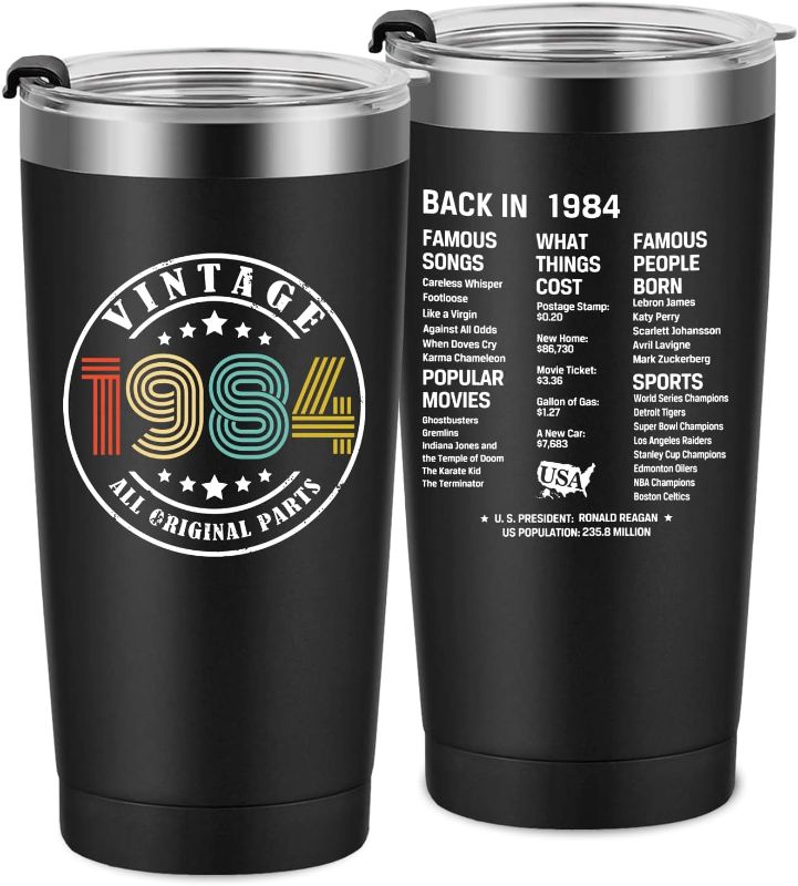 Photo 1 of 40th Birthday Gifts for Men Women Friends, Tumbler 20 oz Stainless Steel Vacuum Insulated Tumblers, Double Sided Printed Birthday Thermos cup, Back in 1984 Old Time Information - Black