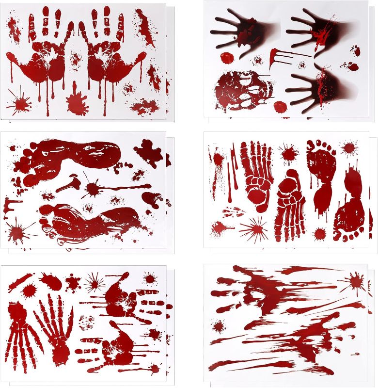 Photo 1 of 2 Pack DC-BEAUTIFUL Halloween Bloody Handprint Footprint Horrible Window Stickers, 12 Sheets Halloween Decoration Clings for Window Wall Floor Glass Bathroom Outdoor Indoor Halloween Party