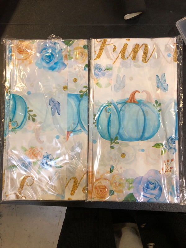 Photo 2 of 2 LINHAXM 3 Pack Blue Little Pumpkin Baby Shower Tablecloths - Fall Pumpkin Floral Plastic Table Cover for Baby Boy Shower Gender Reveal Decorations, 54 x 108 Inch