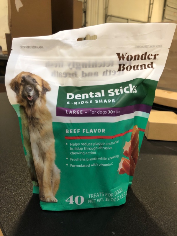 Photo 1 of Wonder Bound Beef Flavor Dental Sticks for Large Dogs (Over 30 lbs), 6-Ridge Shape for Plaque & Tartar Control, Freshens Breath, Formulated with Vitamin C, 40 Count Beef 40 Count (Pack of 1) EXP 06/10/2026