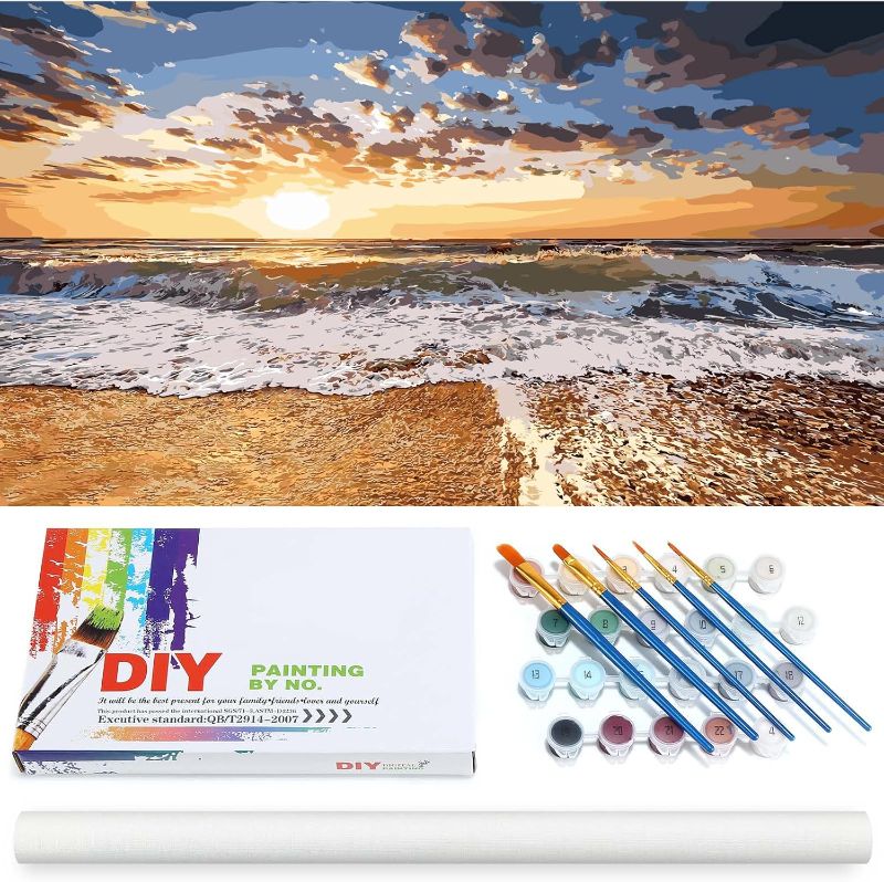 Photo 1 of LPRTALK Paint by Numbers for Adults, Large DIY Painting by Numbers for Beginner Students Kids, Color Canvas, 5 Wooden Brushes, DIY Acrylic Paints for Room Décor 15.7x27.6 Inch- Sunrise Over The Sea