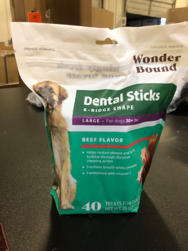 Photo 2 of /Wonder Bound Beef Flavor Dental Sticks for Large Dogs (Over 30 lbs), 6-Ridge Shape for Plaque & Tartar Control, Freshens Breath, Formulated with Vitamin C, 40 Count Beef 40 Count (Pack of 1) EXP 06/19/2026