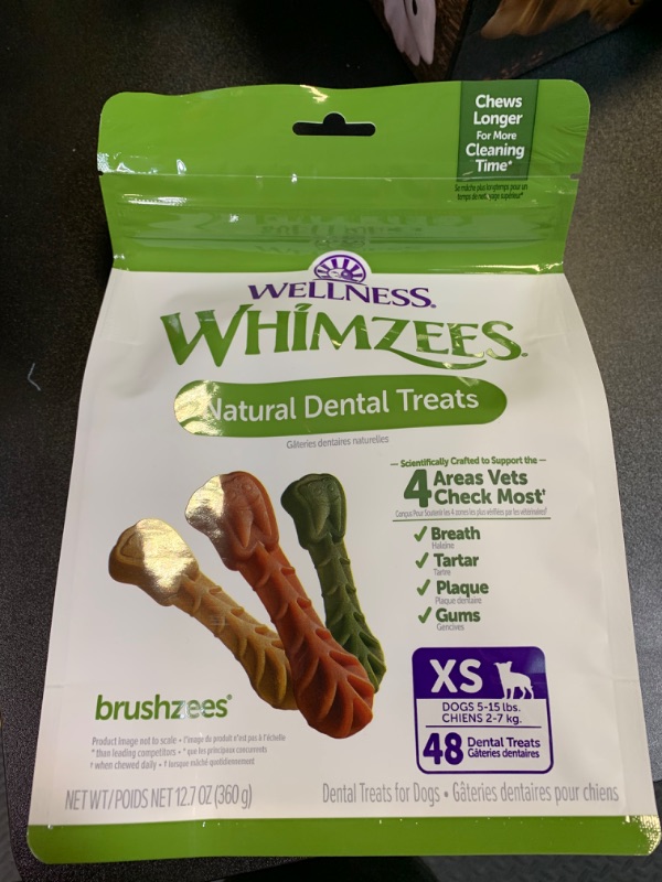 Photo 2 of WHIMZEES by Wellness Brushing Dental Chews For Dogs, Grain-Free, Long Lasting Treats, Freshens Breath Extra Small Breed, 48 Count exp 7-27