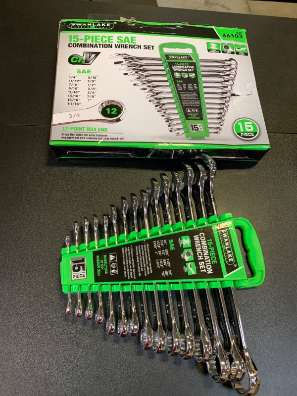 Photo 2 of SWANLAKE GARDEN TOOLS 15-Piece SAE Wrench Set, V Notch Premium Combination Wrenchs Set, SAE 1/4" to 1", Max Torque, 12-Point, Chrome Vanadium Steel, with Storage Rack