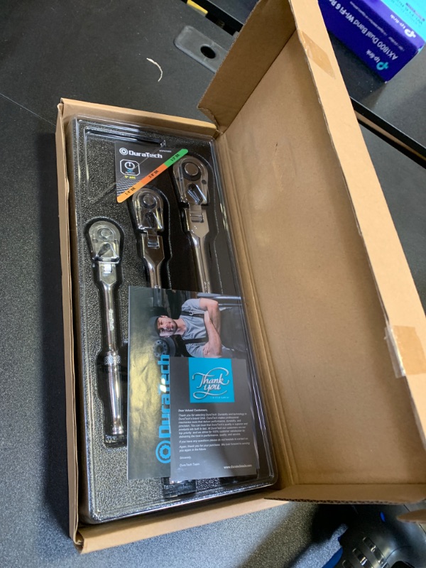 Photo 1 of DURATECH 3-Piece Flex-Head Ratchet Set, 1/4", 3/8", 1/2" Drive ratchet, 72-Tooth with Quick-Release Reversible Design, Chrome Alloy Made, Fully Polished, Organized in Storage Case