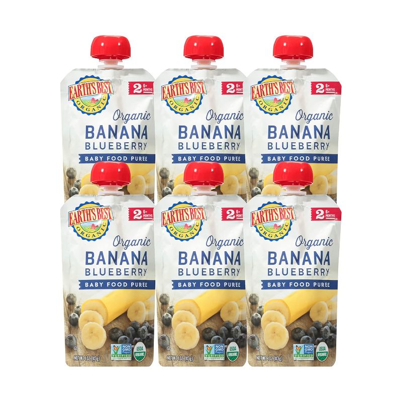 Photo 1 of Earth's Best Organic Baby Food Pouches, Stage 2 Fruit Puree for Babies 6 Months and Older, Organic Banana Apple and Blueberry Puree, 4 oz Resealable Pouch (Pack of 6)
exp nov 25