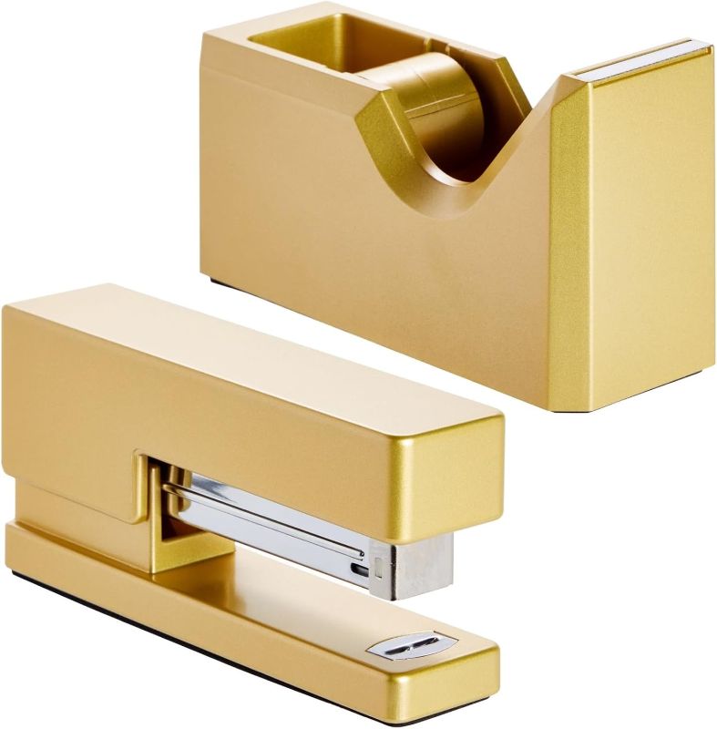 Photo 1 of Paper Junkie 2 Piece Matte Gold Stapler and Tape Dispenser Set for Home Office Decor, Classroom Supplies, Desk Accessories for Dorm Room, Students, Teachers, Office Organization
