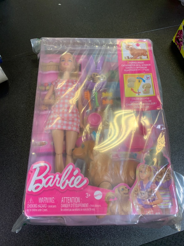 Photo 2 of Barbie Doll & Pets, Blonde Doll with Mommy Dog, 3 Newborn Puppies with Color-Change Feature & Pet Accessories