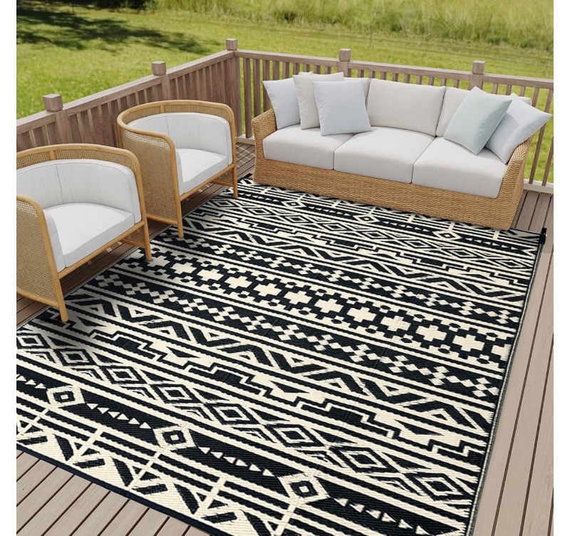 Photo 1 of HUGEAR Outdoor Plastic Straw Rug, Waterproof Outdoor Rugs for Patio, Reversible Are Large Rug Black and Brown 183cm X 183cm