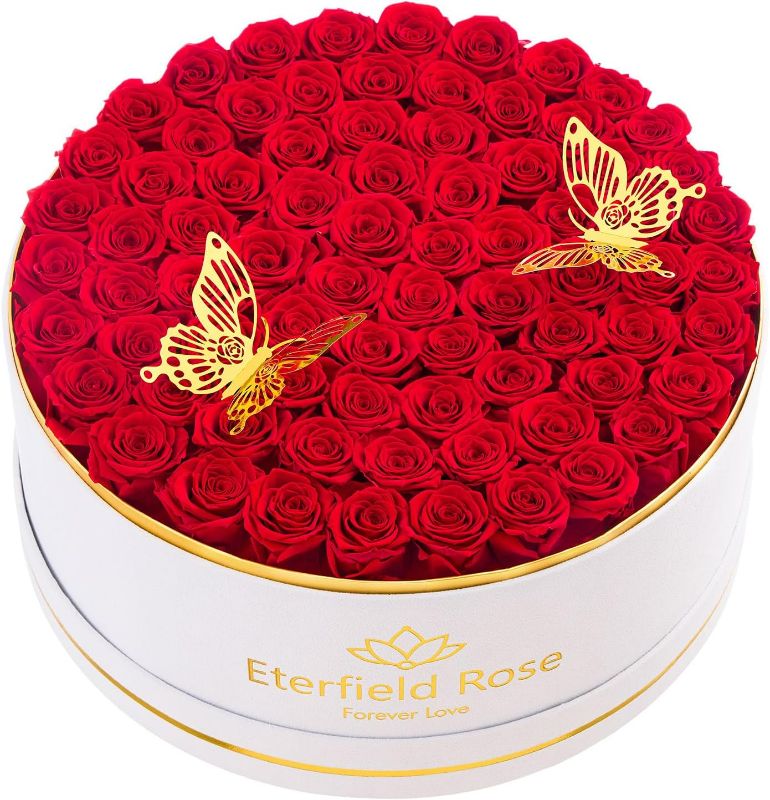 Photo 1 of Eterfield 77-Piece Preserved Roses in a Box, Mother's Day Forever Flowers Roses That Last a Year Rose Box Preserved Flowers for Her Mom Women Wife (Red Roses, Round White Suede Box)