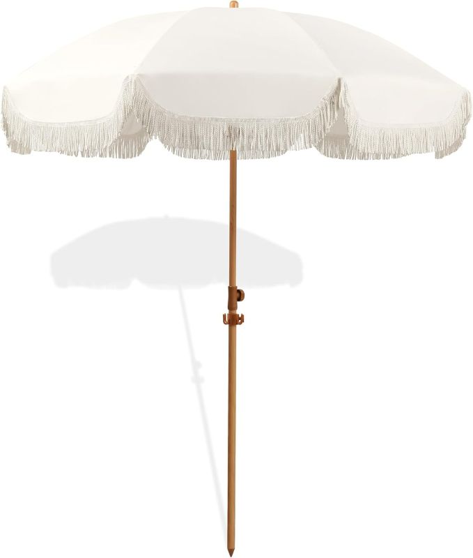 Photo 1 of 6.5ft Patio Umbrella with Fringe, Beach Umbrella, Fringe Umbrella Outdoor Patio with Hanging Hook, Tilting Aluminum Pole, UV 50+, Fiberglass Ribs, Elegant Cream