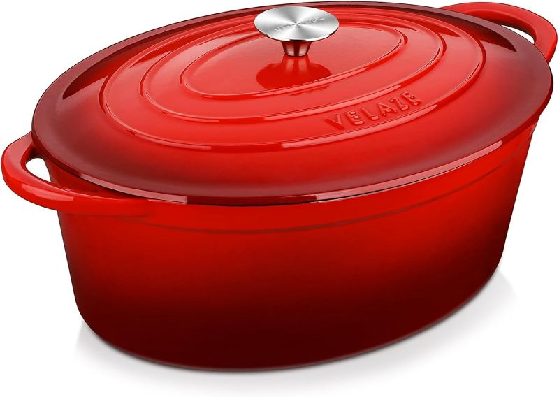 Photo 1 of Velaze 7.5 QT Enameled Oval Dutch Oven Pot with Lid, Cast Iron Dutch Oven with Dual Handles for Bread Baking, Cooking, Frying, Non-stick Enamel Coated Cookware (RED)