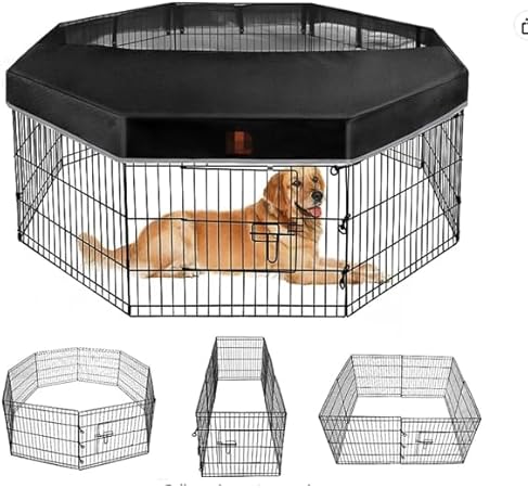 Photo 1 of Dog Playpen - Metal Foldable Dog Exercise Pen, Pet Fence Puppy Crate Kennel Indoor Outdoor with 8 Panels 24”H & Top Cover for Small Medium Pets