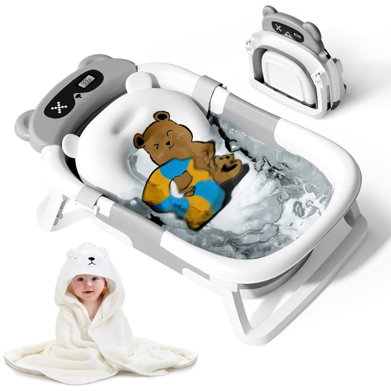 Photo 1 of Collapsible Baby Bathtub for Newborn to Toddler (0-18 M) - Portable Baby Tub with Thermometer, Newborn Bathtub with Soft Towel and Floating Cushion (Gray)